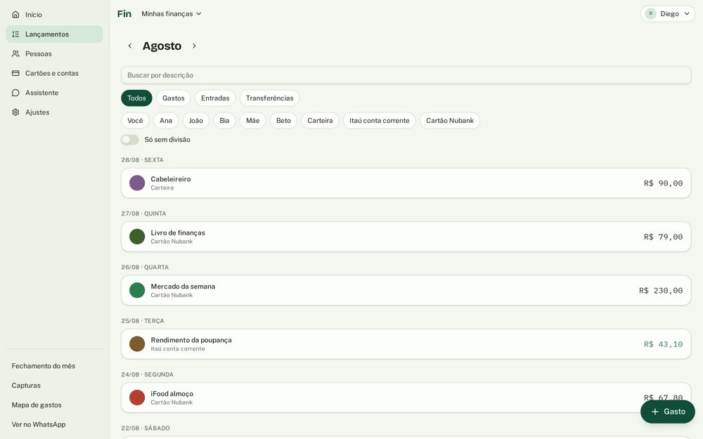 Tela do Fin com lançamentos financeiros e assistente